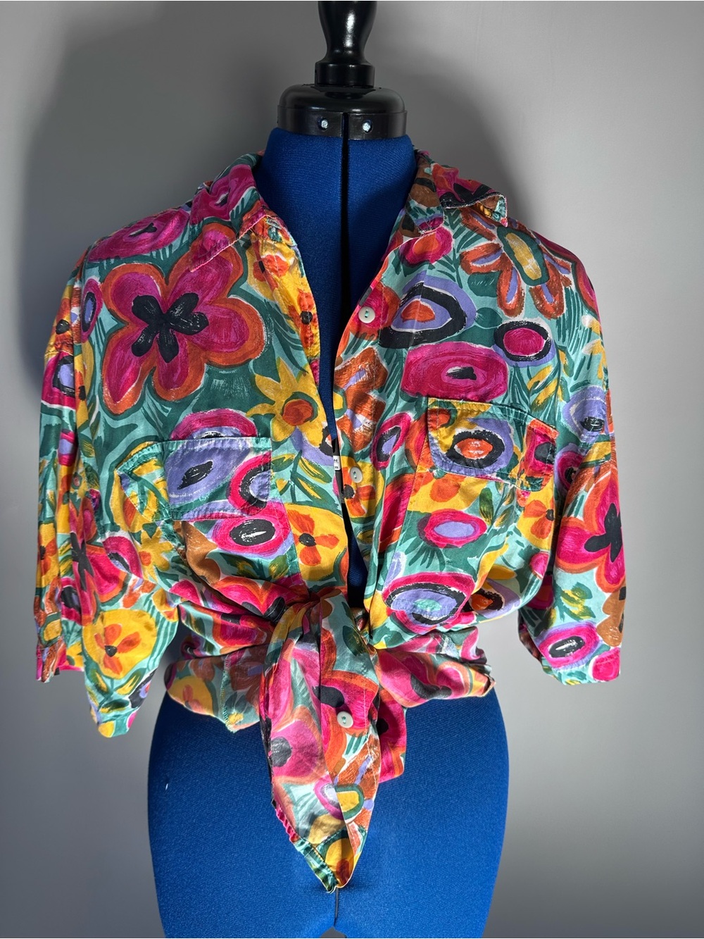 Vintage Silk Floral Button-Down Blouse in Multicolor